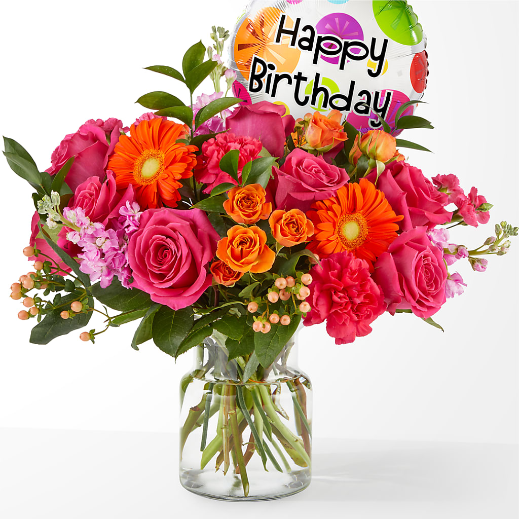 Fiesta Bouquet with Birthday Balloon – Guilles Flowers Santa Clara, San Jose CA