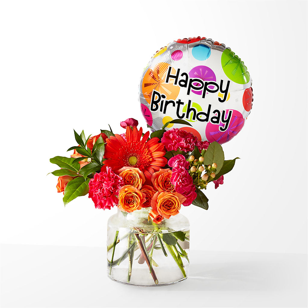 Fiesta Bouquet with Birthday Balloon – Guilles Flowers Santa Clara, San Jose CA