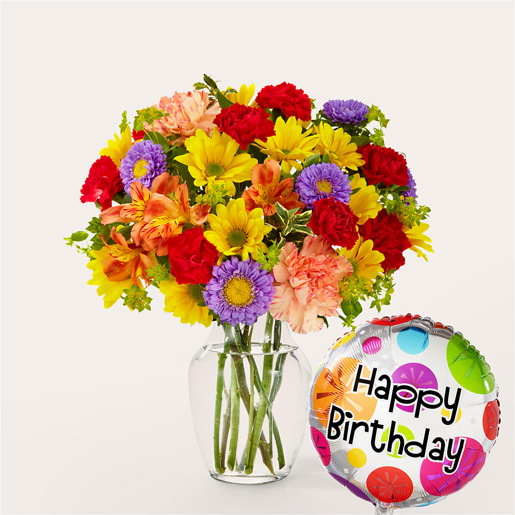 Kaleidoscope Bouquet with Birthday Balloon – Guilles Flowers Santa Clara, San Jose CA