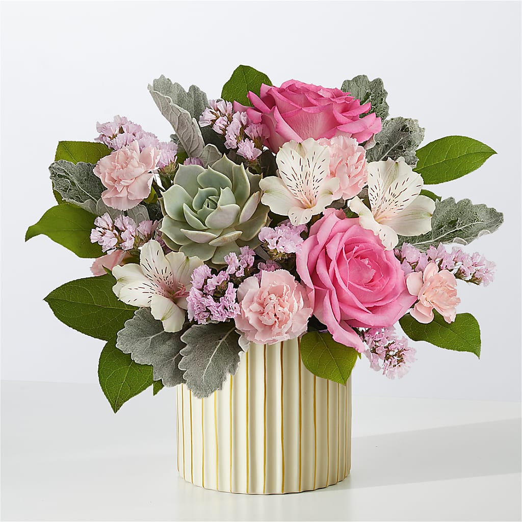 Dusty Rose Bouquet with Ivory Vase – Guilles Flowers Santa Clara, San Jose CA