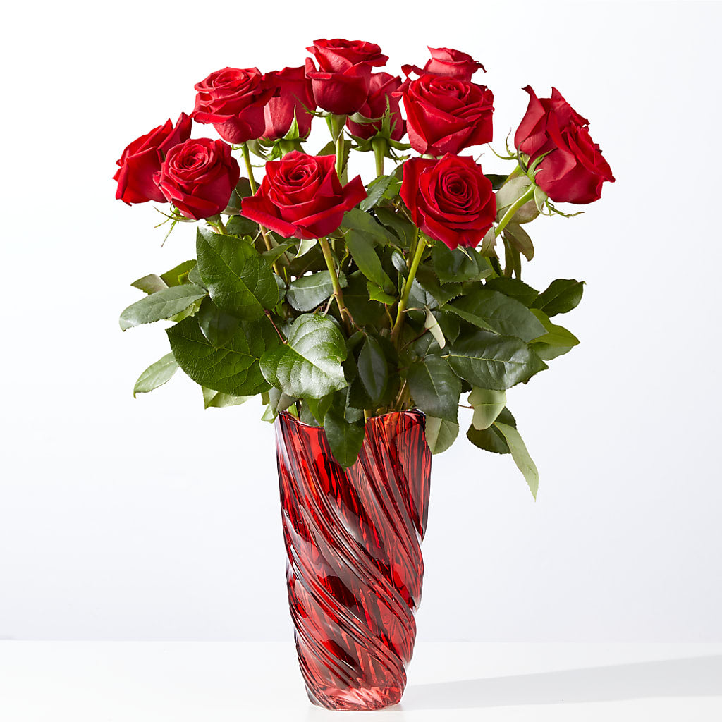 Classic Love Red Rose Bouquet with Luxe Swirl Vase – Guilles Flowers Santa Clara, San Jose CA