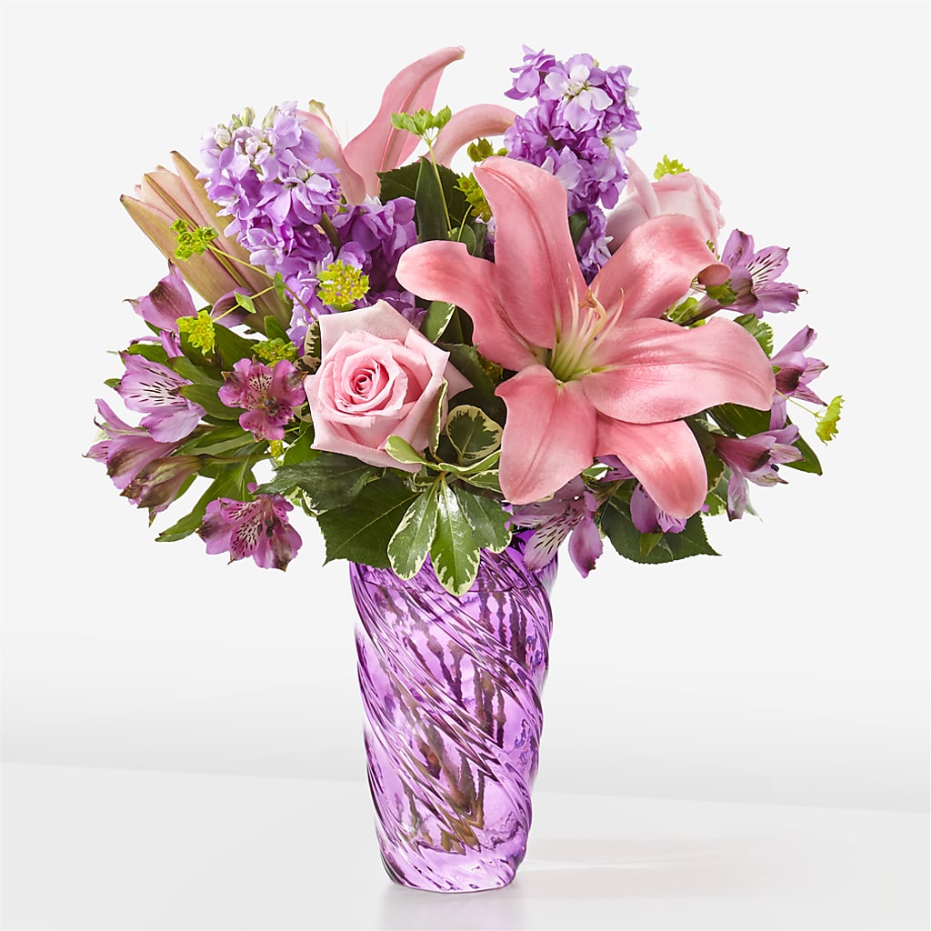 Precious Petals Bouquet with Luxe Swirl Vase – Guilles Flowers Santa Clara, San Jose CA