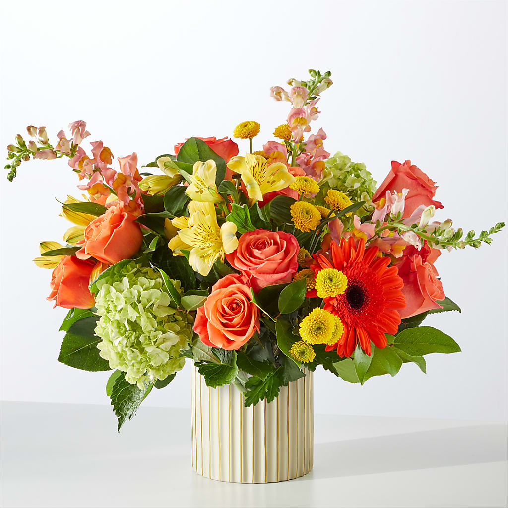 Autumn Sunshine Bouquet with Ivory Vase –  Guilles Flowers Santa Clara, San Jose CA