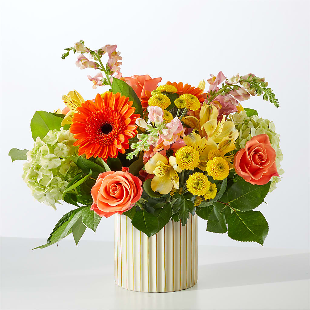 Autumn Sunshine Bouquet with Ivory Vase –  Guilles Flowers Santa Clara, San Jose CA